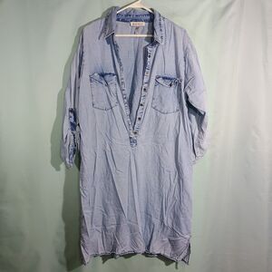 Chambray Shirt Dress Light Blue Denim Tunic Button Front Casual Boho